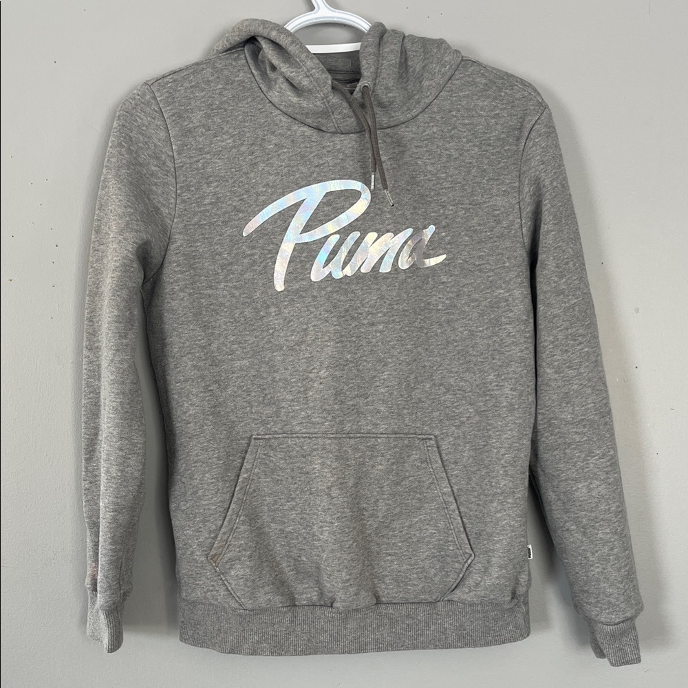 Puma Women's Gray Hoodie with Iridescent Logo Medium